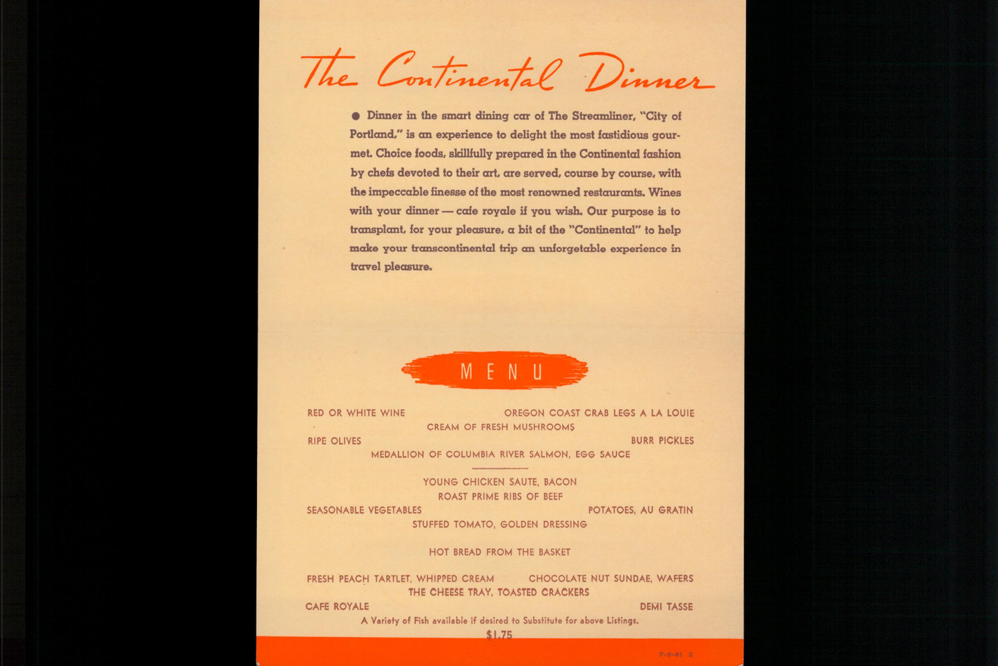 Vintage Menu: The Continental Dinner on the “Union Pacific” — Streamliner — City of Portland — 1941