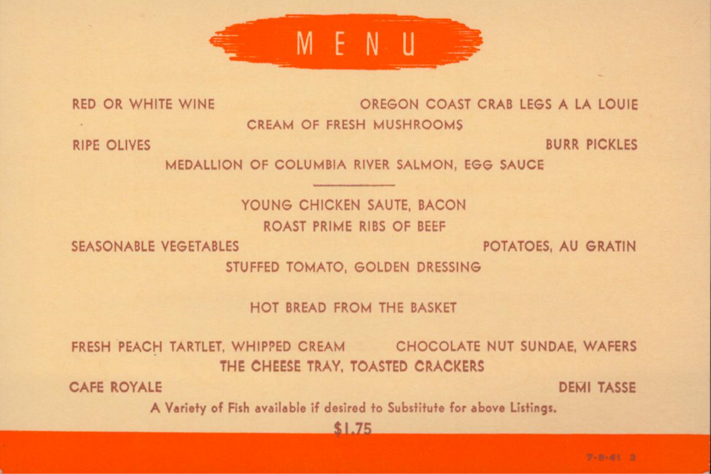 Vintage Menu: The Continental Dinner on the “Union Pacific” — Streamliner — City of Portland — 1941