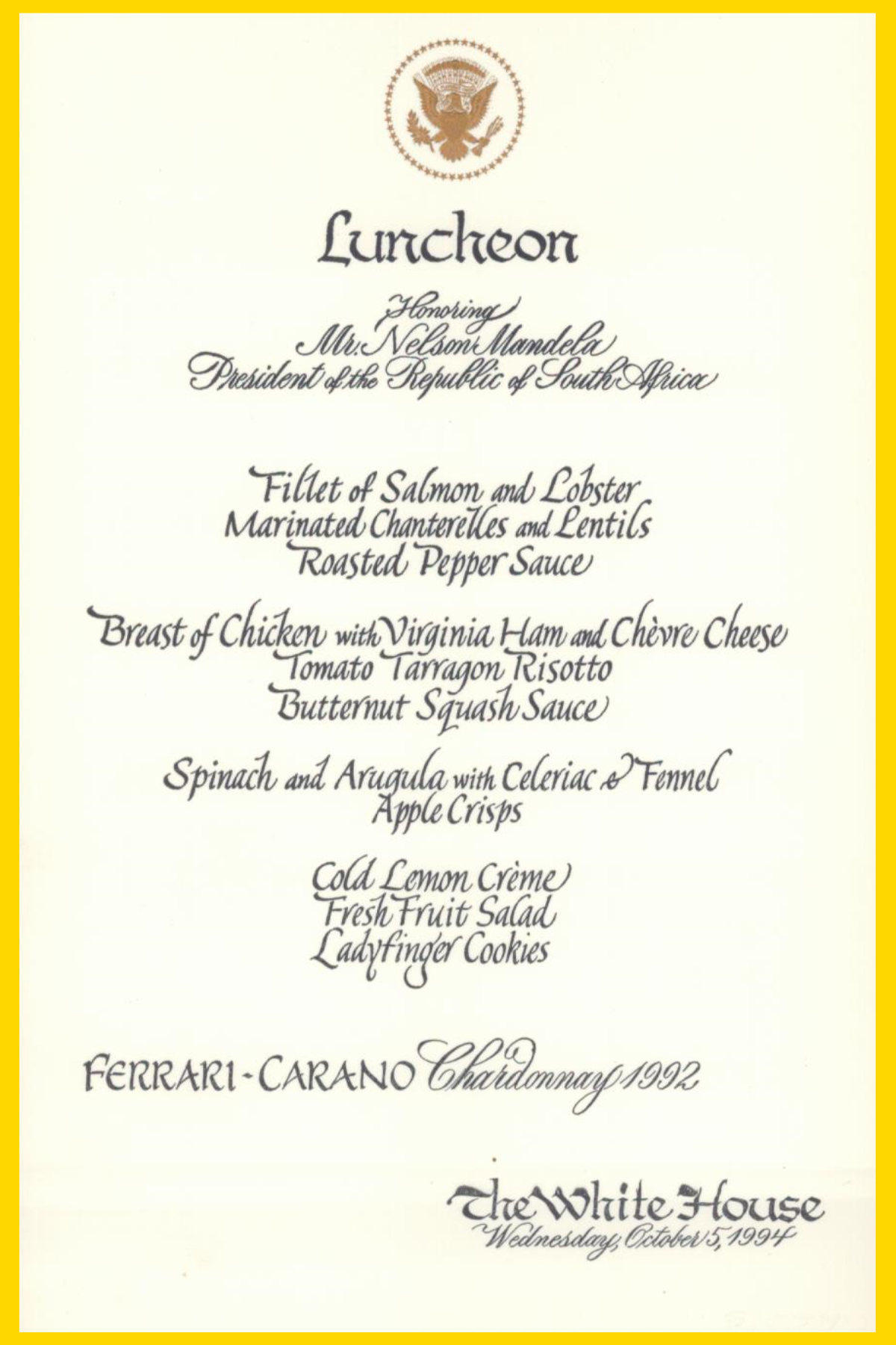 Vintage Menu #7 — Luncheon for Nelson Mandela at the White House - 1994